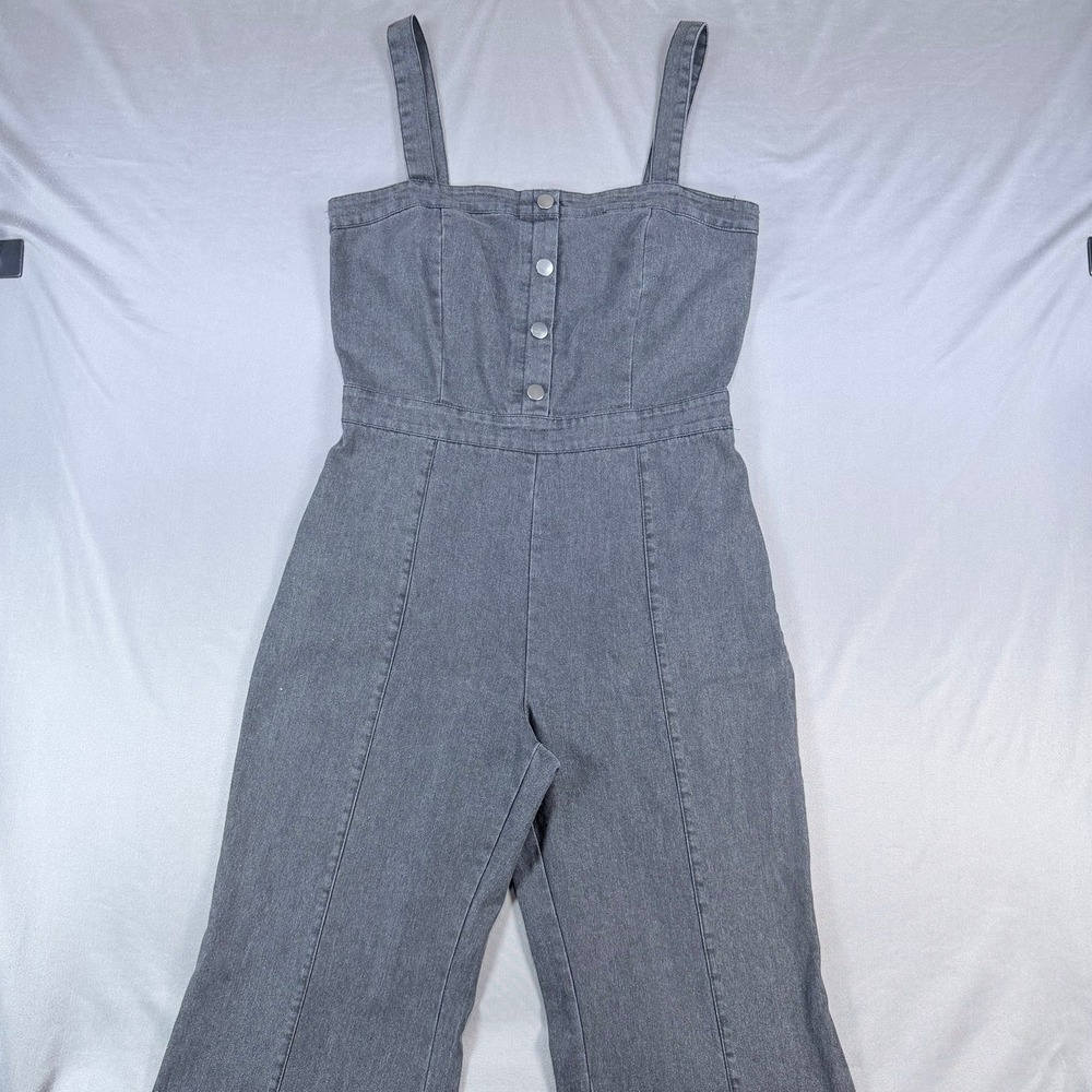 Jealous Tomato Denim Jumpsuit Womens L Black Flare Leg Button Front Retro Casual - Picture 8 of 13